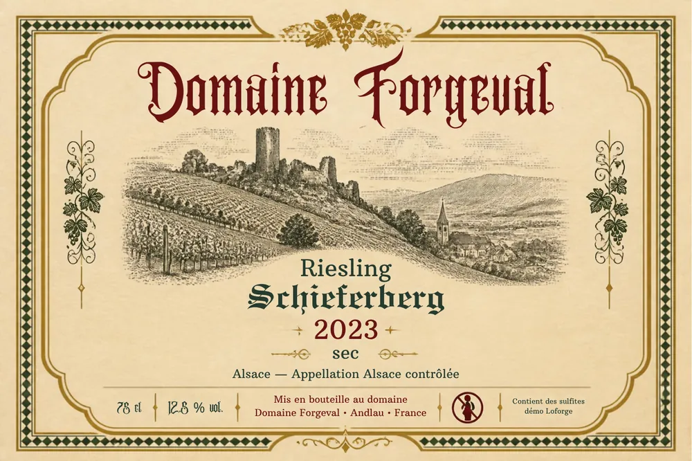 Étiquette du Riesling Schieferberg 2023 du Domaine Forgeval, ornée d'une gravure du coteau et du château